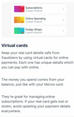 Tarjetas virtuales ofrecidas por Monzo a sus clientes.