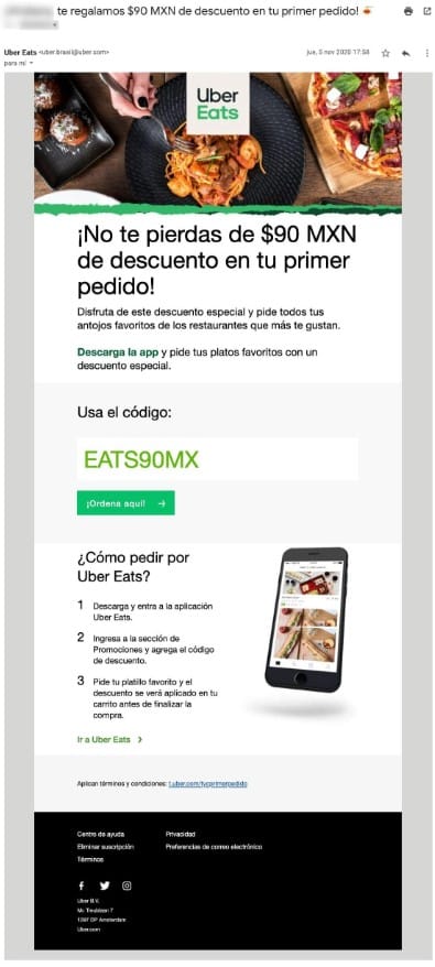 Campaña de email marketing de Uber Eats